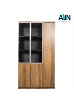 OZ-1938-R Gabinete de 2 puertas de vidrio de lado derecho y 3 de madera cafe roble con medidas: 47.24" X 15.74" X 78.74" linea AJN™